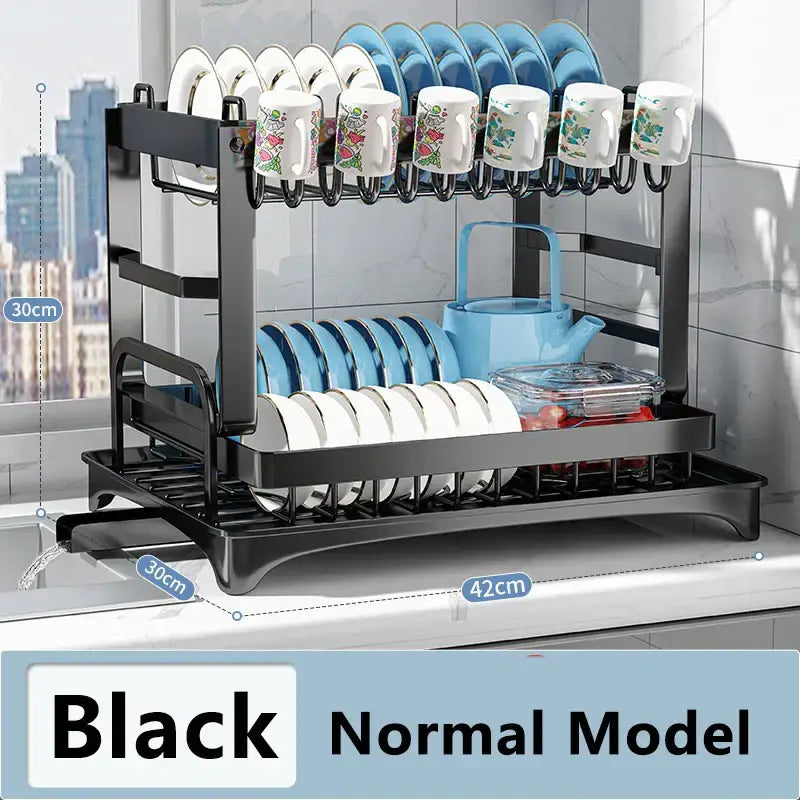 Modern black metal two tier dish drainer rack – kitchen organizer