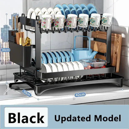 Modern black metal two tier dish drainer rack – kitchen organizer