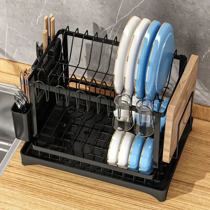 Modern black metal two tier dish drainer rack – kitchen organizer