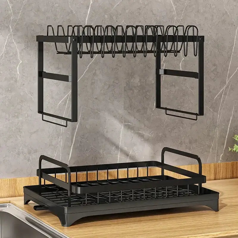 Modern black metal two tier dish drainer rack – kitchen organizer