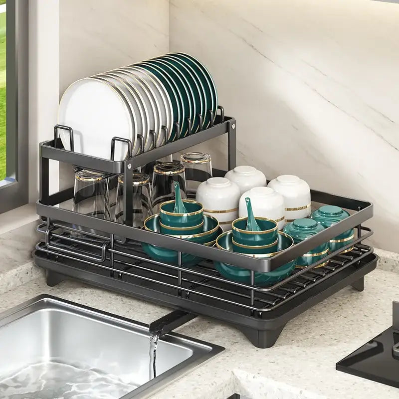Modern black metal two tier dish drying rack kitchen organizer