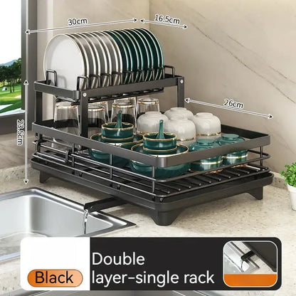 Modern black metal two tier dish drying rack kitchen organizer