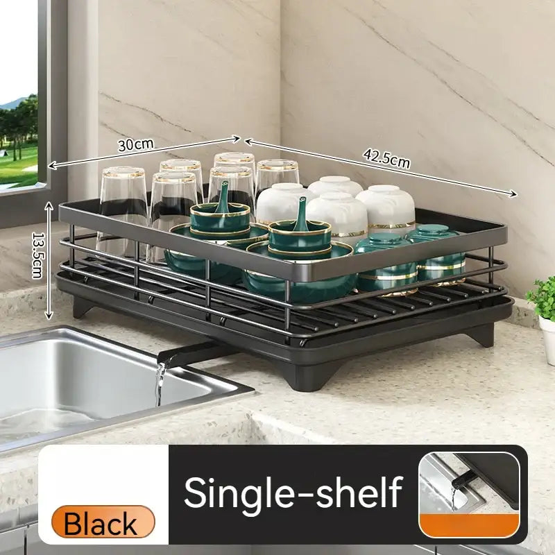 Modern black metal two tier dish drying rack kitchen organizer
