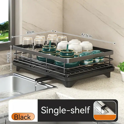 Modern black metal two tier dish drying rack kitchen organizer