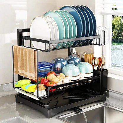 Modern black metal two tier dish drying rack kitchen storage set