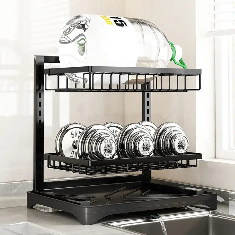 Modern black metal two tier dish drying rack kitchen storage set