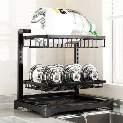 Modern black metal two tier dish drying rack kitchen storage set