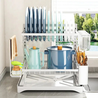 Modern black metal two tier dish drying rack kitchen storage set