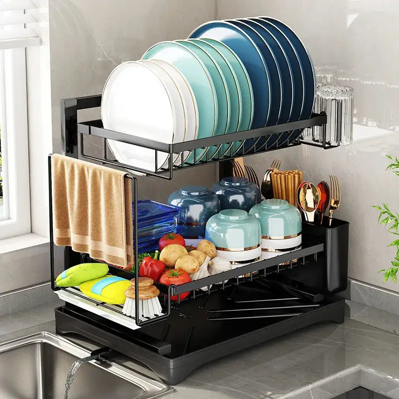 Modern black metal two tier dish drying rack kitchen storage set