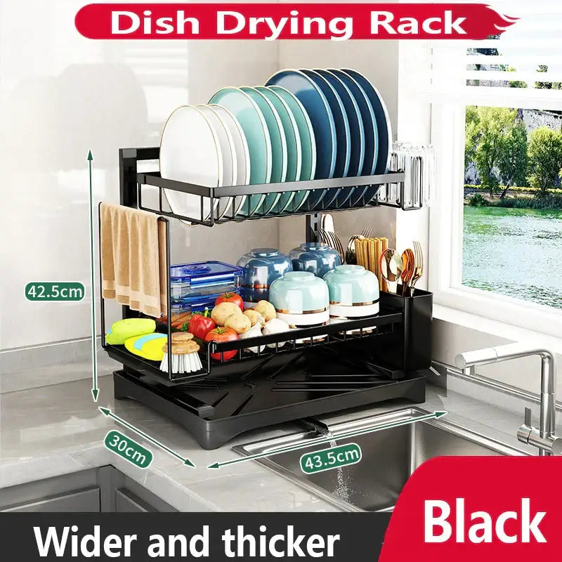 Modern black metal two tier dish drying rack kitchen storage set