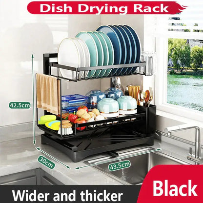 Modern black metal two tier dish drying rack kitchen storage set