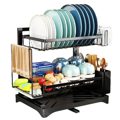 Modern black metal two tier dish drying rack kitchen storage set