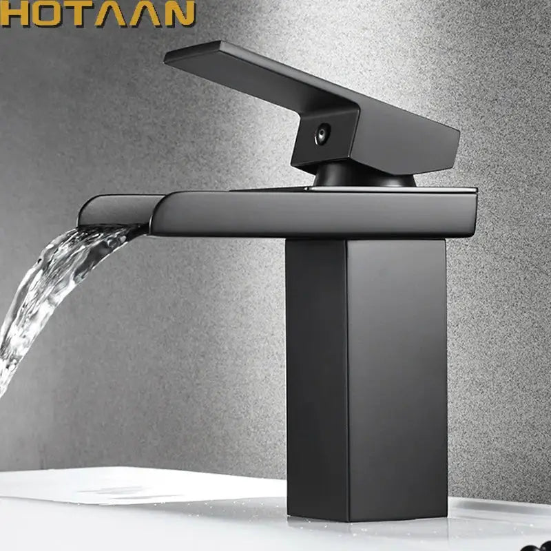 Modern black plated brass waterfall faucet square bathroom mixer sink