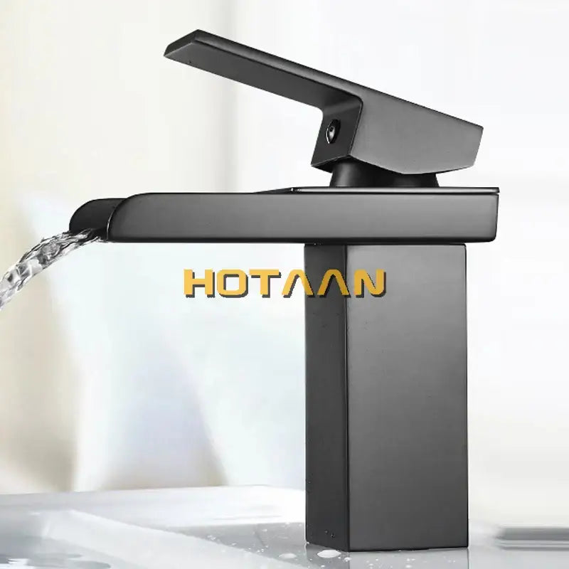Modern black plated brass waterfall faucet square bathroom mixer sink