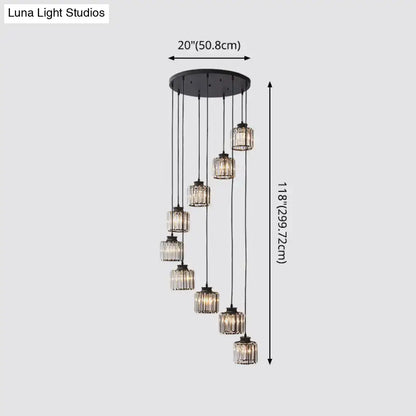 Modern black prismatic crystal cylindrical chandelier stairway light