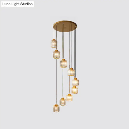 Modern black prismatic crystal cylindrical chandelier stairway light