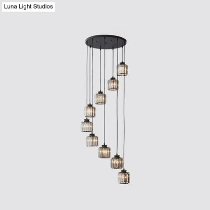 Modern black prismatic crystal cylindrical chandelier stairway light