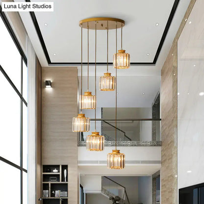 Modern black prismatic crystal cylindrical chandelier stairway light