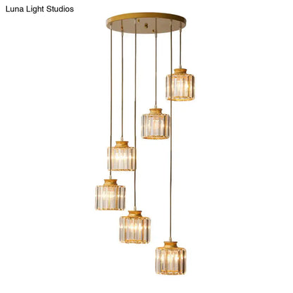 Modern black prismatic crystal cylindrical chandelier stairway light