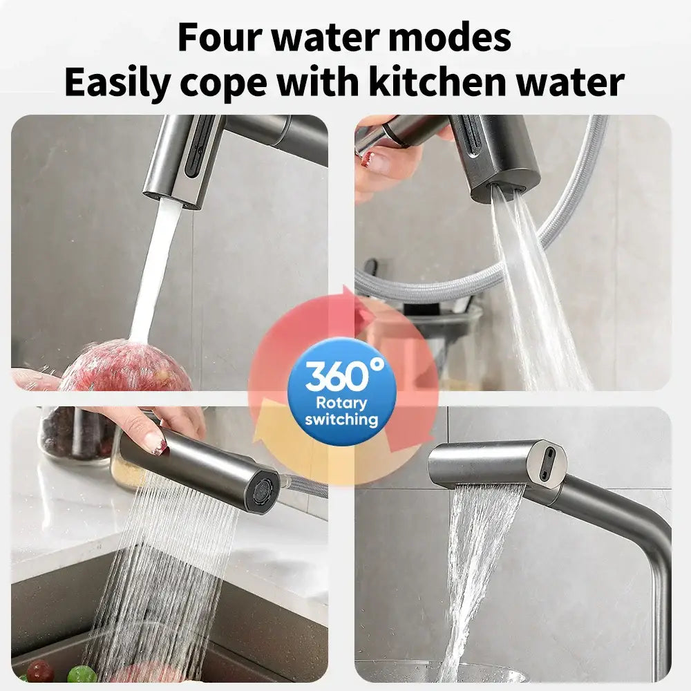 Modern black pull out kitchen faucet with waterfall stream sprayer