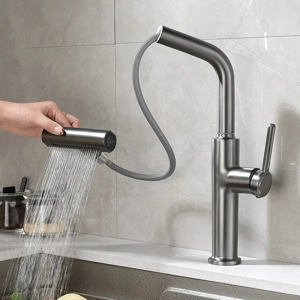 Modern black pull out kitchen faucet with waterfall stream sprayer