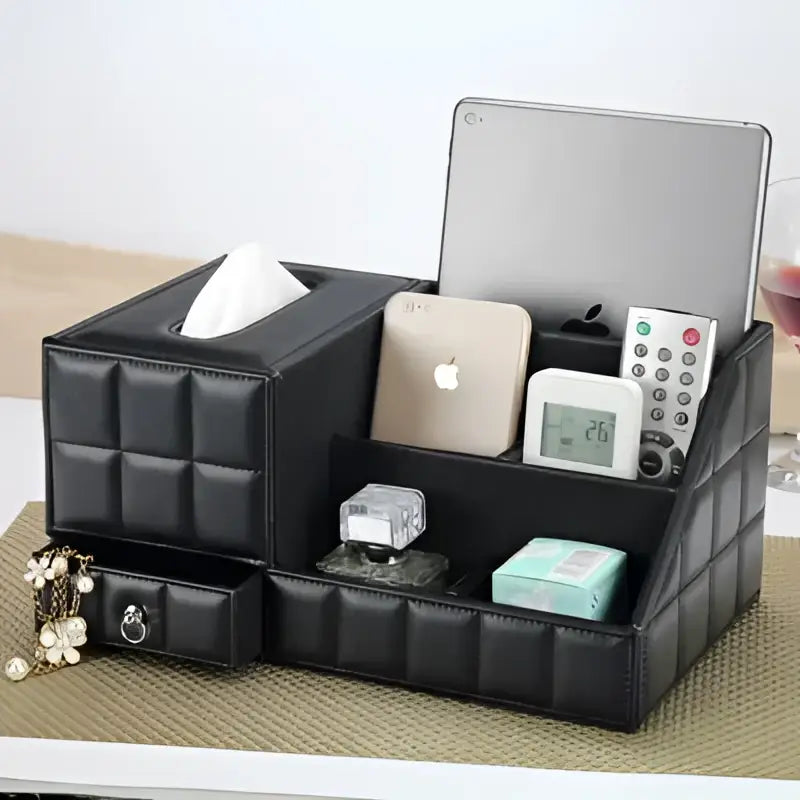 Modern black quilted leather tissue box holder for office and home