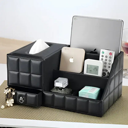 Modern black quilted leather tissue box holder for office and home