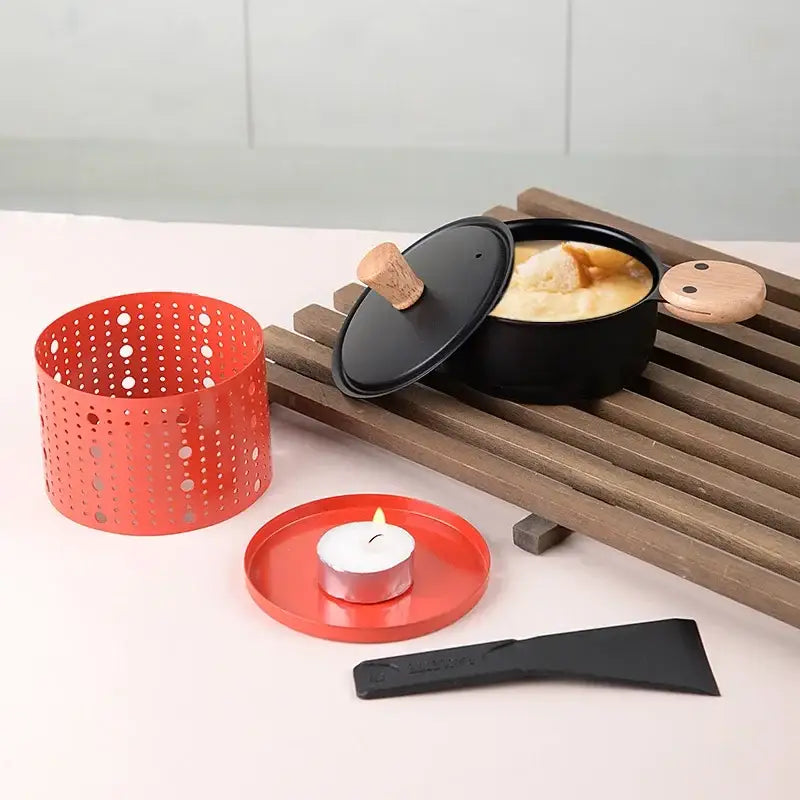 Modern black raclette fondue set with wooden lid dining room table grill