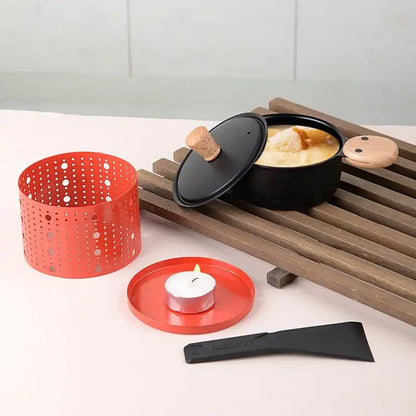 Modern black raclette fondue set with wooden lid dining room table grill