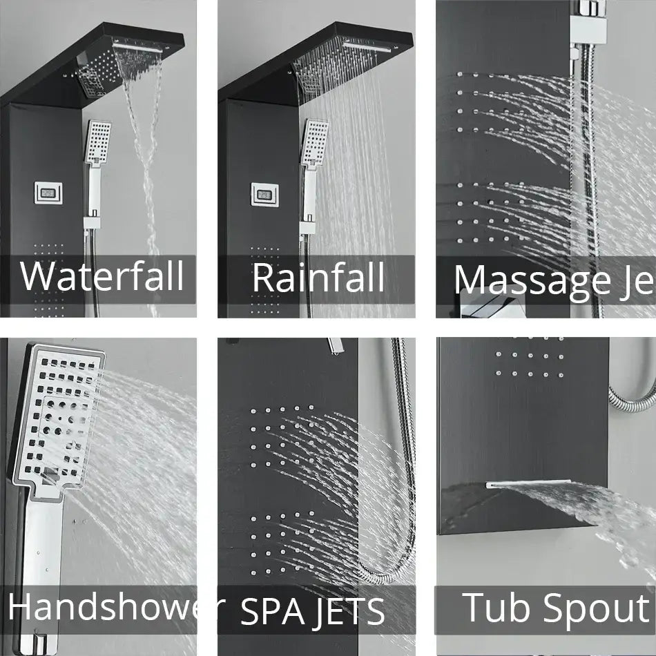 Modern black rainfall shower panel with massage screen – bathroom