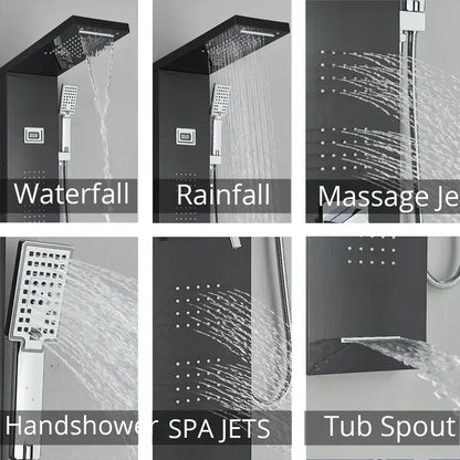 Modern black rainfall shower panel with massage screen – bathroom