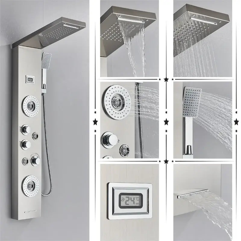 Modern black rainfall shower panel with massage screen – bathroom