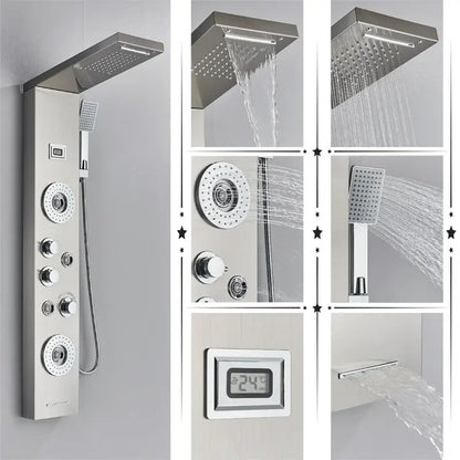 Modern black rainfall shower panel with massage screen – bathroom