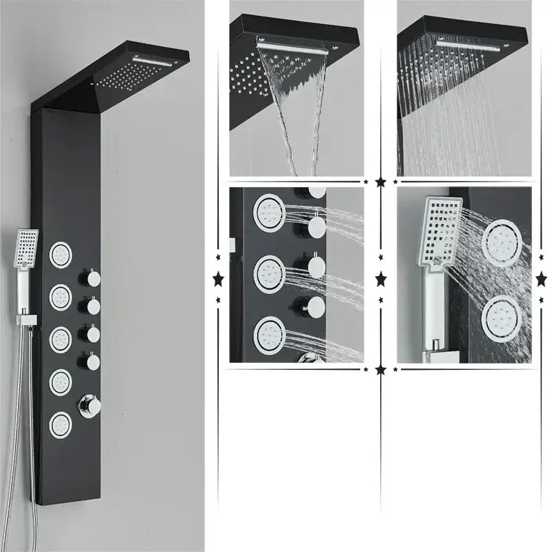 Modern black rainfall shower panel with massage screen – bathroom