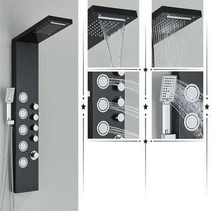 Modern black rainfall shower panel with massage screen – bathroom