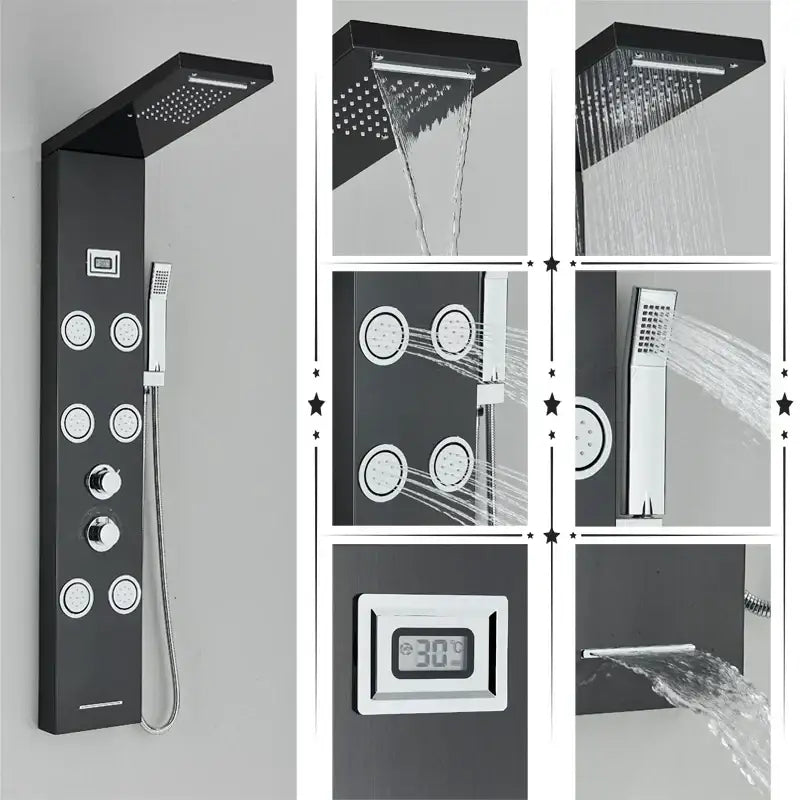 Modern black rainfall shower panel with massage screen – bathroom