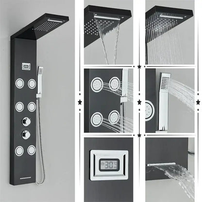 Modern black rainfall shower panel with massage screen – bathroom