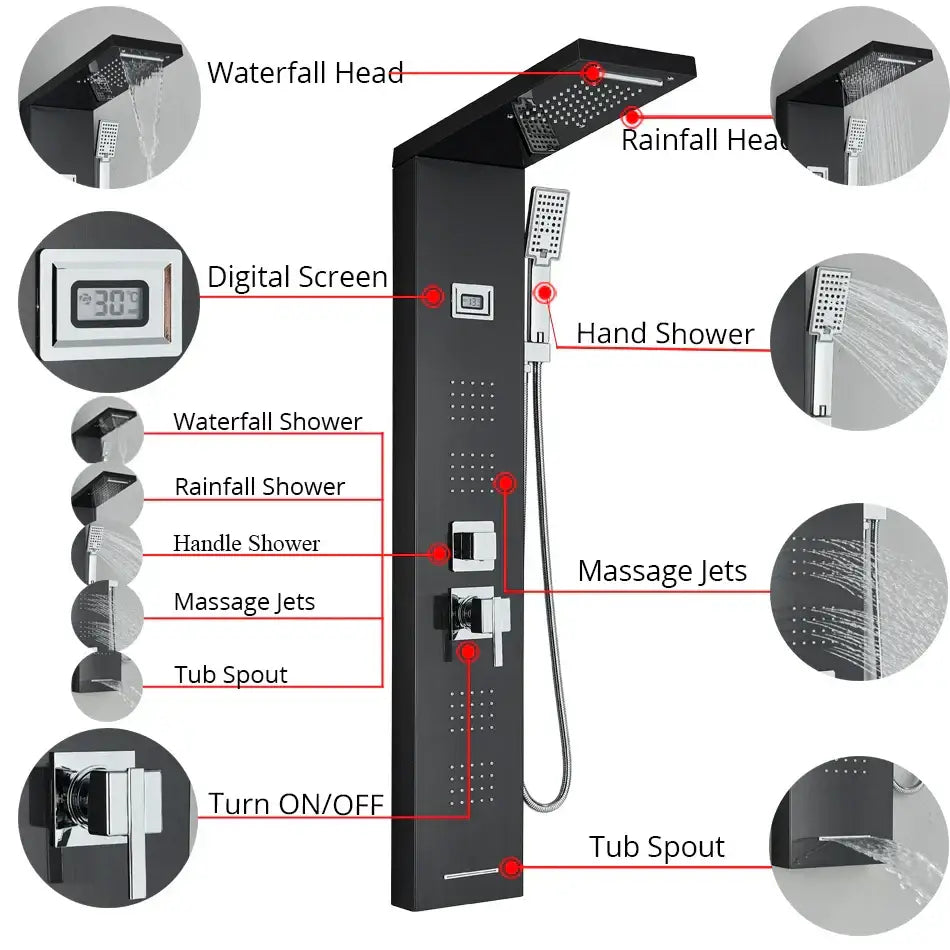 Modern black rainfall shower panel with massage screen – bathroom
