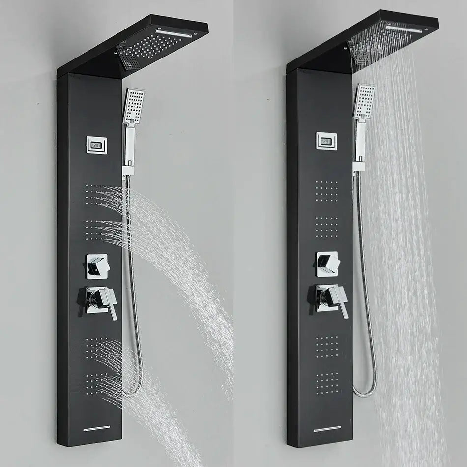 Modern black rainfall shower panel with massage screen – bathroom