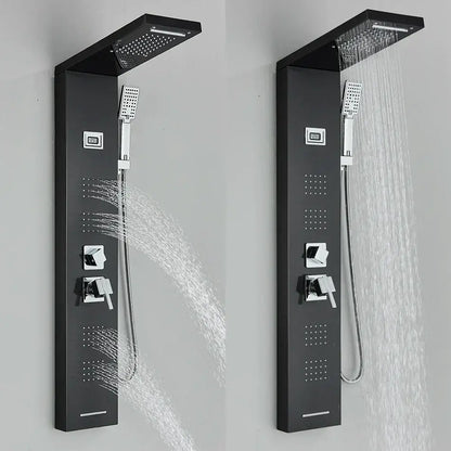 Modern black rainfall shower panel with massage screen – bathroom