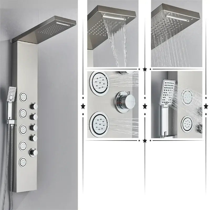 Modern black rainfall shower panel with massage screen – bathroom