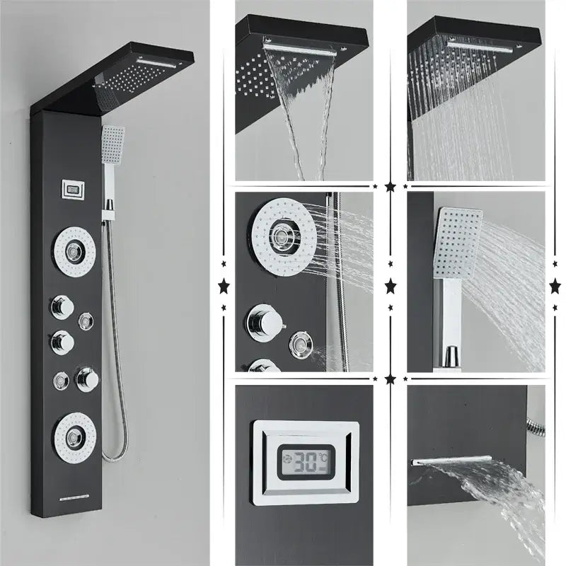 Modern black rainfall shower panel with massage screen – bathroom