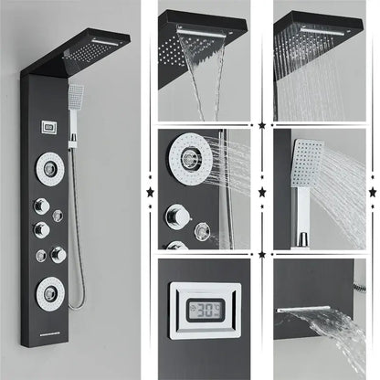 Modern black rainfall shower panel with massage screen – bathroom