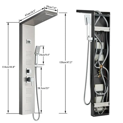Modern black rainfall shower panel with massage screen – bathroom