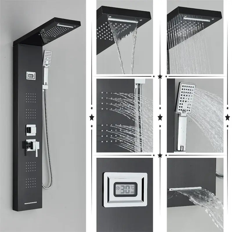 Modern black rainfall shower panel with massage screen – bathroom