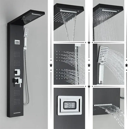 Modern black rainfall shower panel with massage screen – bathroom