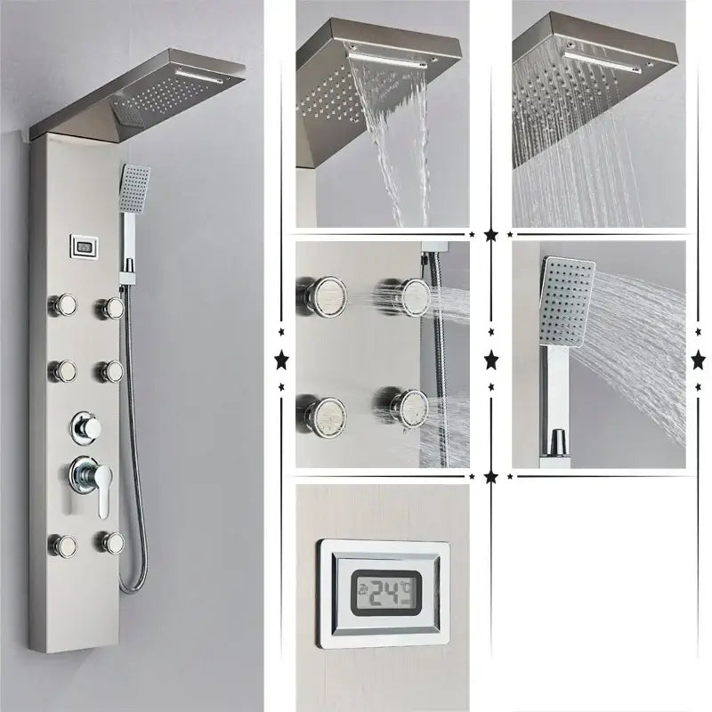 Modern black rainfall shower panel with massage screen – bathroom