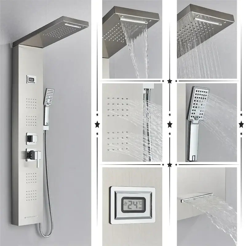Modern black rainfall shower panel with massage screen – bathroom