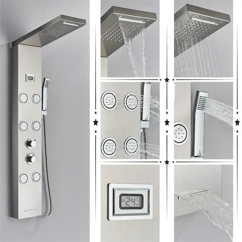 Modern black rainfall shower panel with massage screen – bathroom