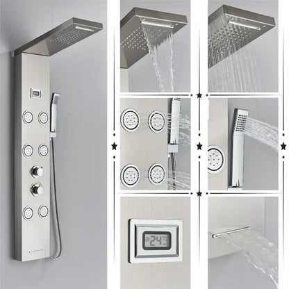 Modern black rainfall shower panel with massage screen – bathroom